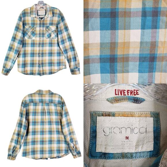 Gramicci Shirt Plaid Flannel LS Button Up Mens Medium Blue Cotton Hike Distress - Picture 1 of 13